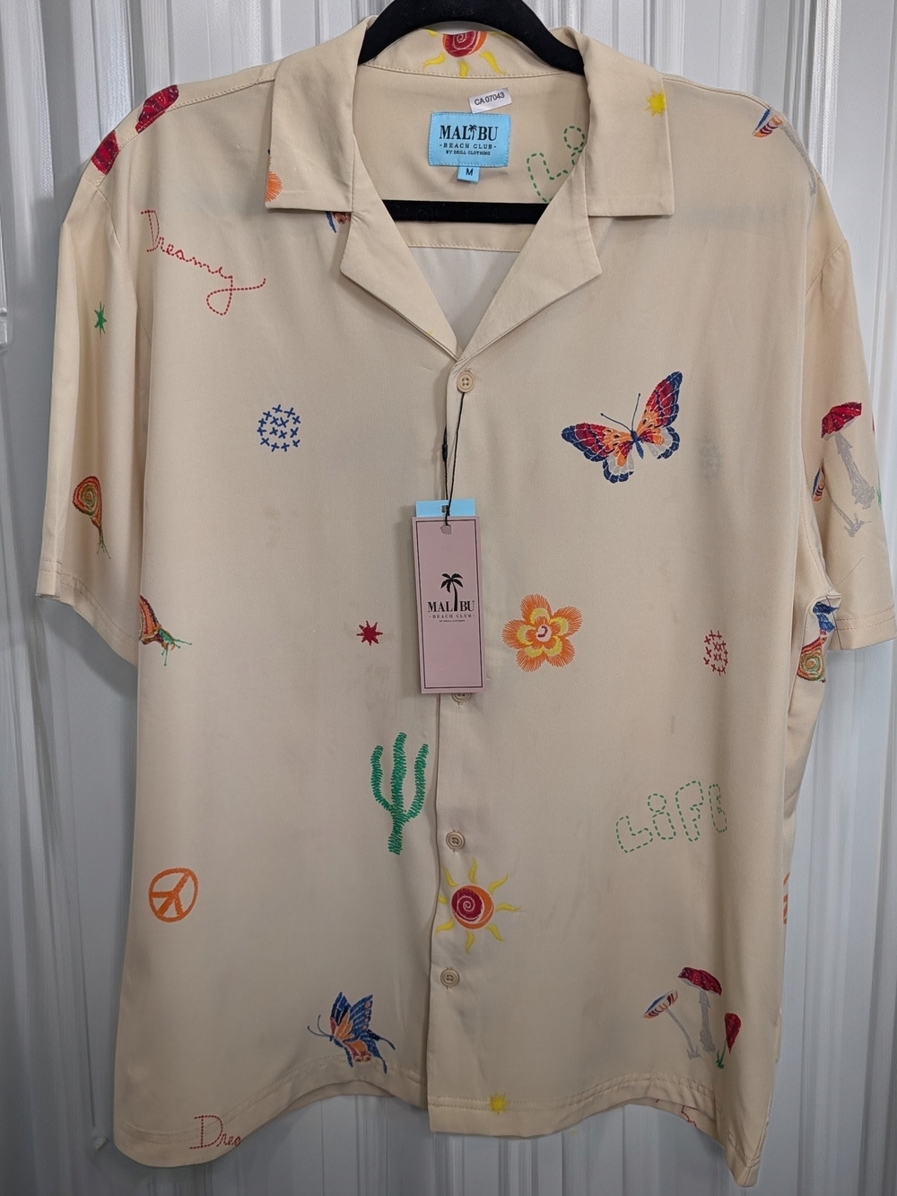 Malibu Cream Short-Sleeve Button-Down Shirt with Colorful Motifs